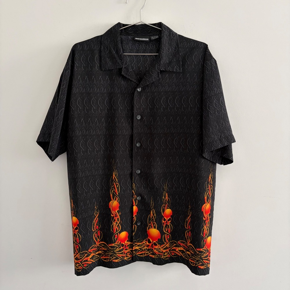 ODO Mens Skull Flame Button Up Shirt Black Orange Tribal Y2K Medium